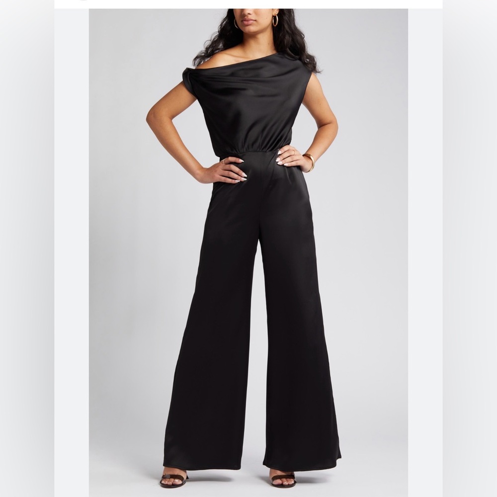 WAYF Satin Twisted Shoulder Wide Leg Jumpsuit Size M